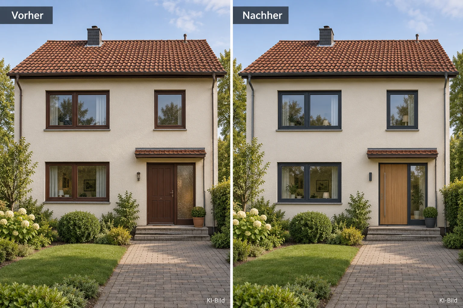 KI-Gestaltungsvergleich: bestehendes Wohnhaus vor und nach dem Fenster- und Haustürentausch