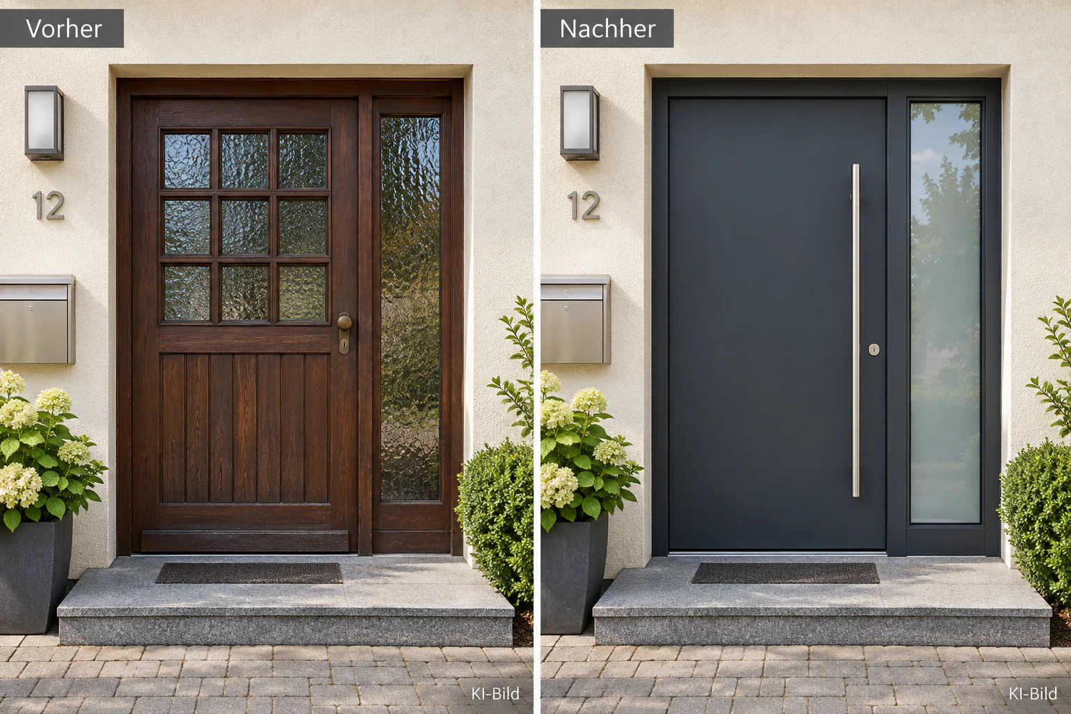 Vorher-Nachher-Visualisierung eines Wohnhauses mit neuen Fenstern und neuer Haustür